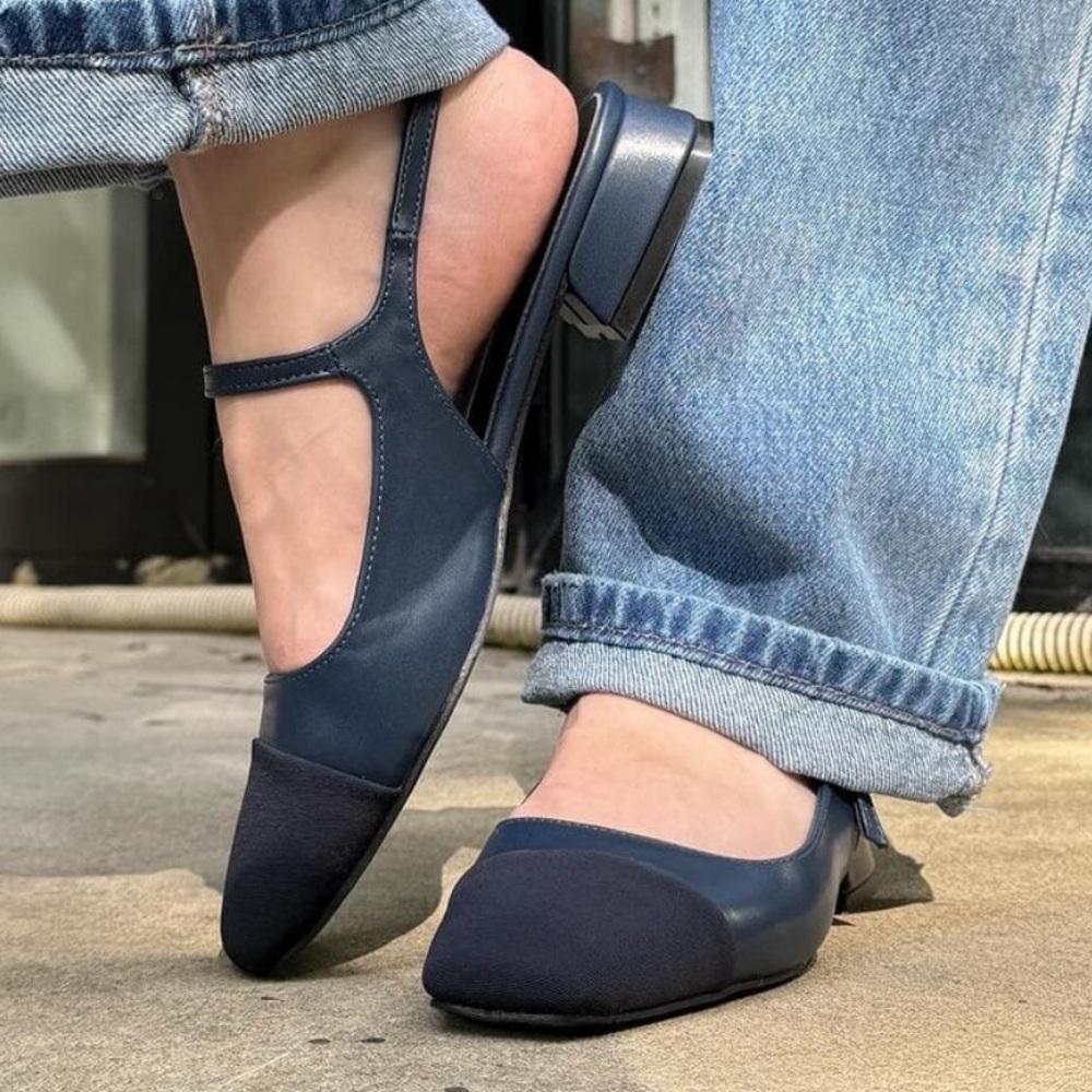 New C.Paravano Navy leather Slingback Square Toe Ankle Strap Sandals US Size 6
